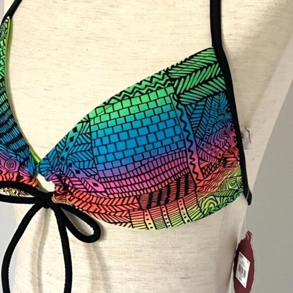 Reversible Bikini Halter Top Multicolor Black Neon Green Juniors Sz L Geometric - Picture 2 of 14
